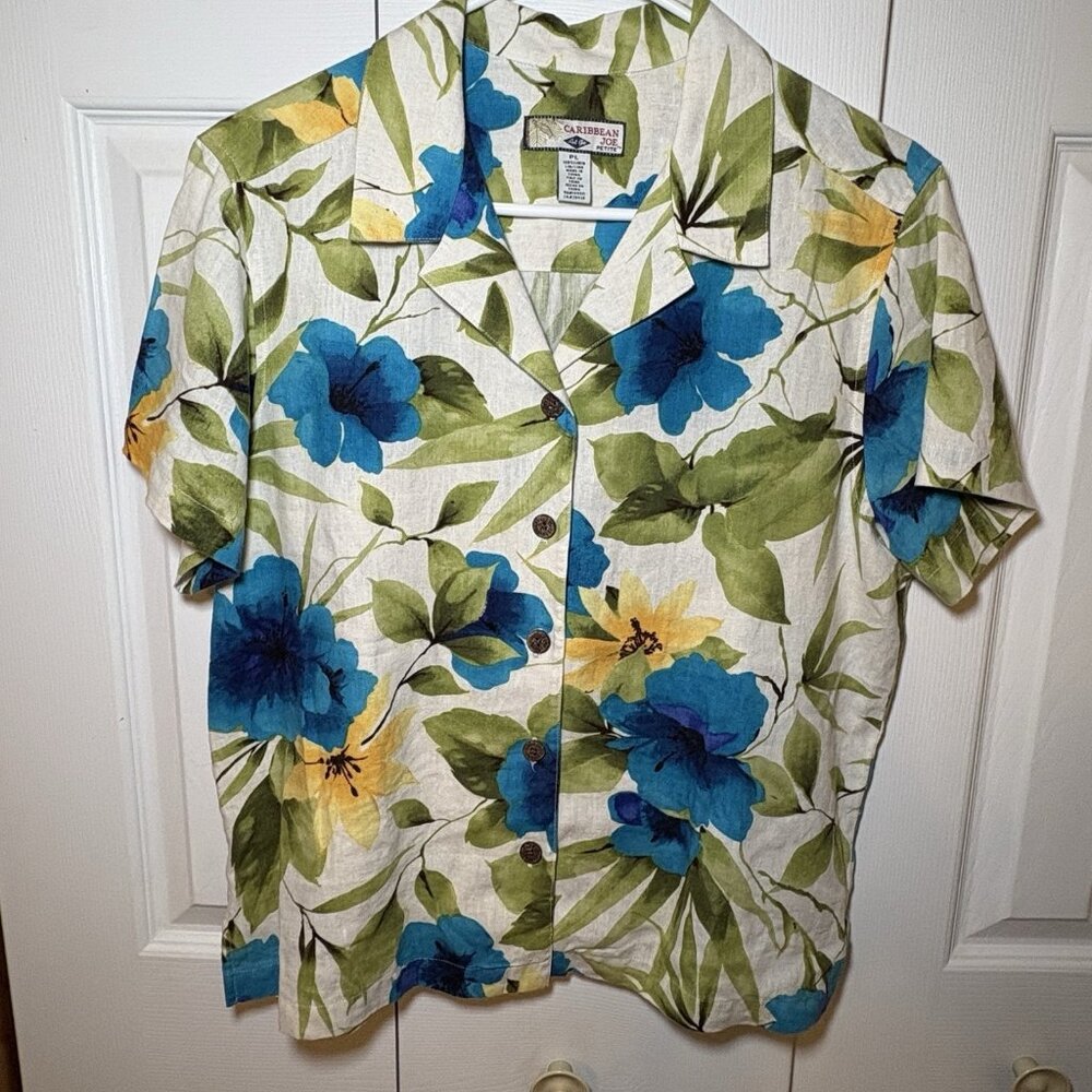 Caribbean Joe Womens Petite Large Hawaiian Floral Shirt Linen Aloha‎ Top